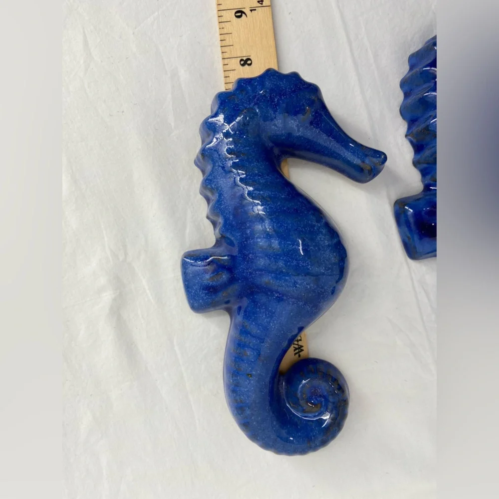 Seahorses Glazed‎ Terracotta Pottery Cobalt Blue 8” Tall